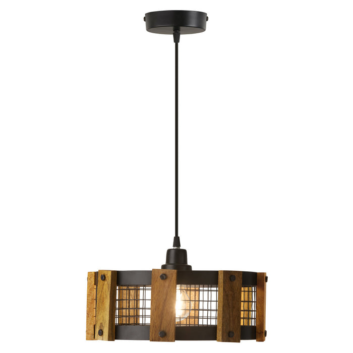 12" W Mattie Black Painted Metal Pendant Light with Wood Shade-On