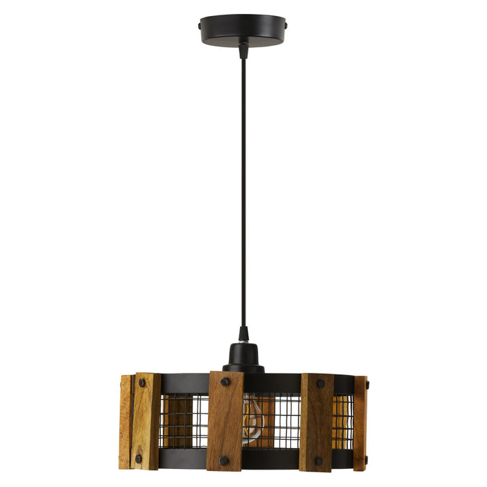 12" W Mattie Black Painted Metal Pendant Light with Wood Shade-Off