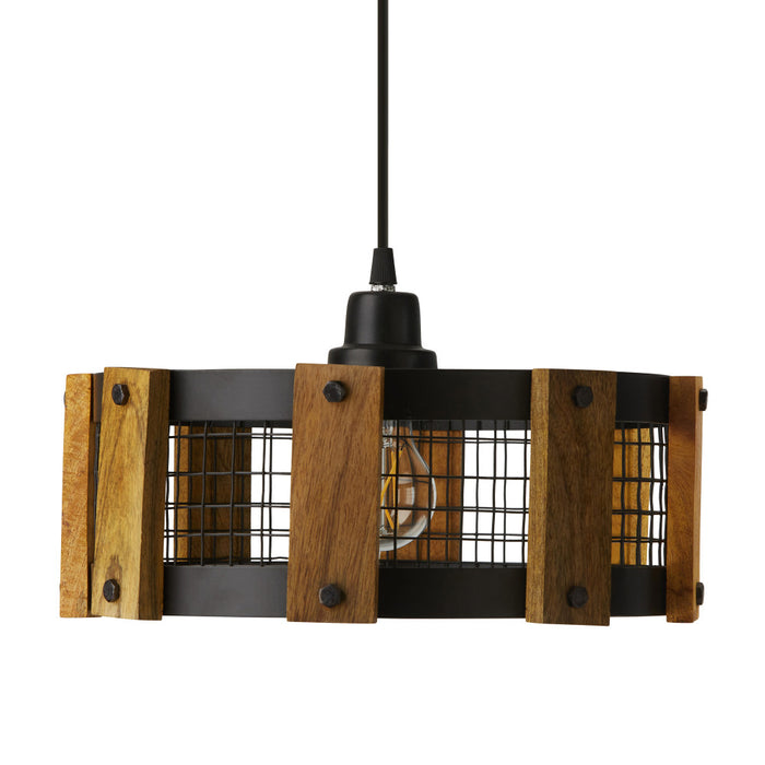 12" W Mattie Black Painted Metal Pendant Light with Wood Shade. Shade closeup-Off