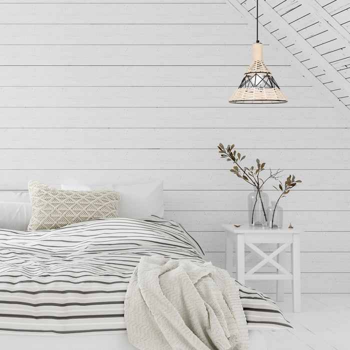 12" W Sandy Bohemian White Cone Shade Pendant in a bedroom with white bedding, and a vase on a nightstand.