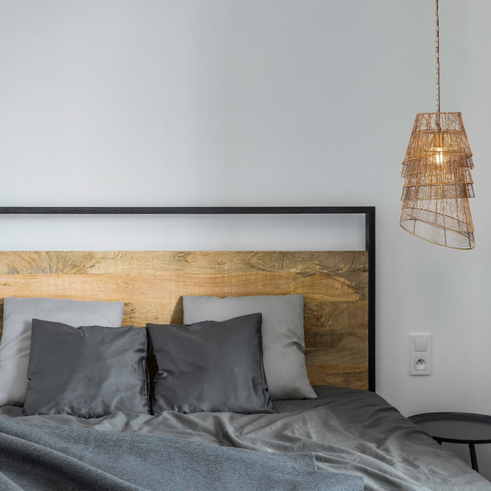 12.25"W 1-Light Milani Metal Tiered Empire Pendant in a dedroom with gray bedding, and a metal/wooden headboard