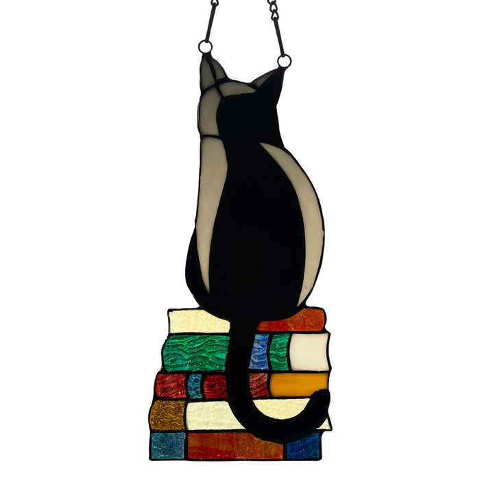 12.5"H Kate Black Library Cat Stained Glass Window Panel-Backlit