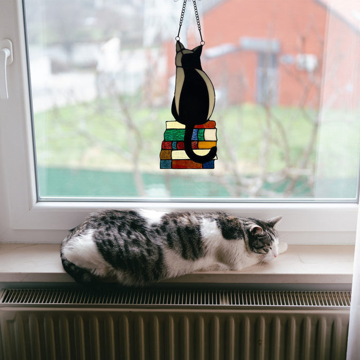 12.5”H Kate Black Library Cat Stained Glass Window Panel