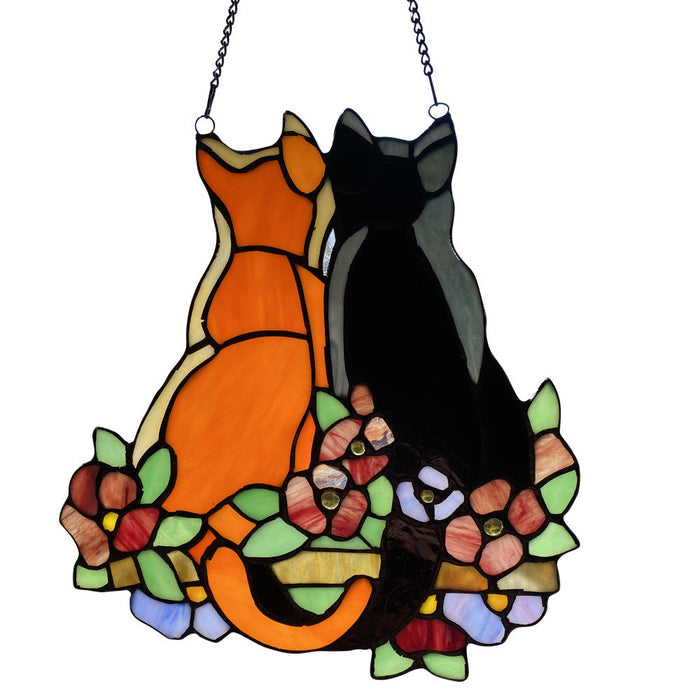 12.5"H Stained Glass Cats in the Garden Window Panel-Backlit