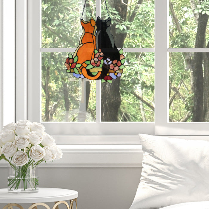 12.5"H Stained Glass Cats in the Garden Window Panel