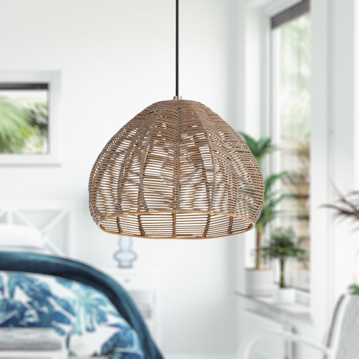 12.75" 1-Light Gloriana Pendant Light Rattan Brown hanging in a bedroom