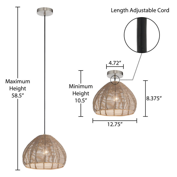 12.75" 1-Light Gloriana Pendant Light Rattan Brown