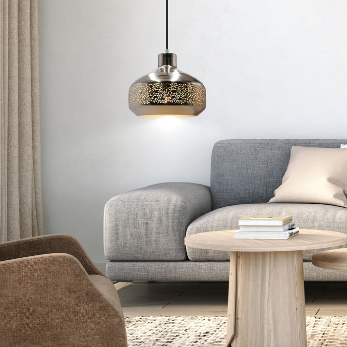 12"H Chapel Hill Teardrop 1-Light Metal Pendant in a modern living room with gray sofa and brown armchair