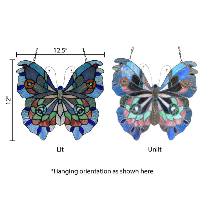 12"H Love Life Butterfly Stained Glass Window Panel-Comparison between backlit and frontlit