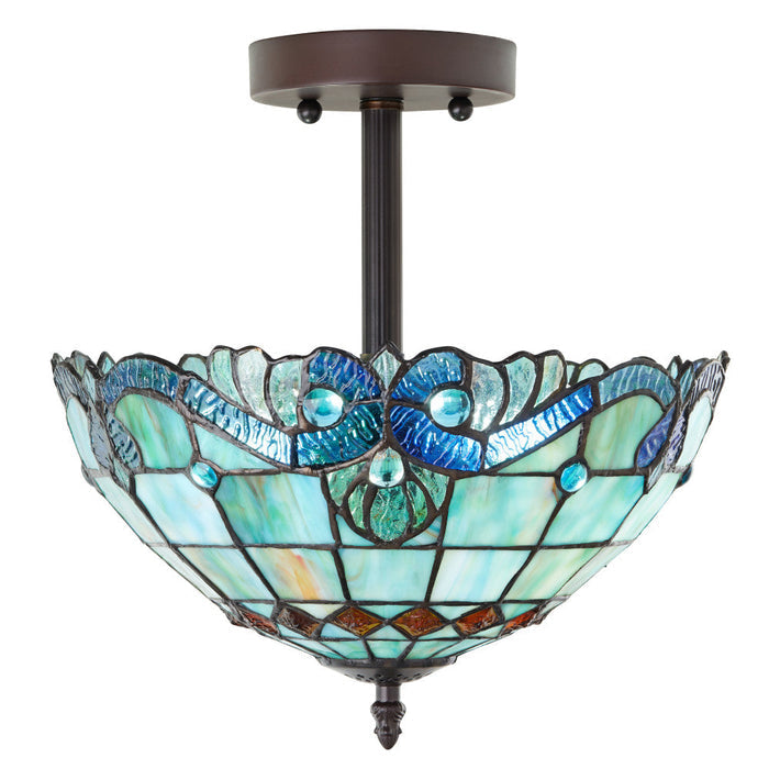 13" H Amelia Blue and Amber Stained Glass Shade Traditional Semi-Flush mount Ceiling Light-On