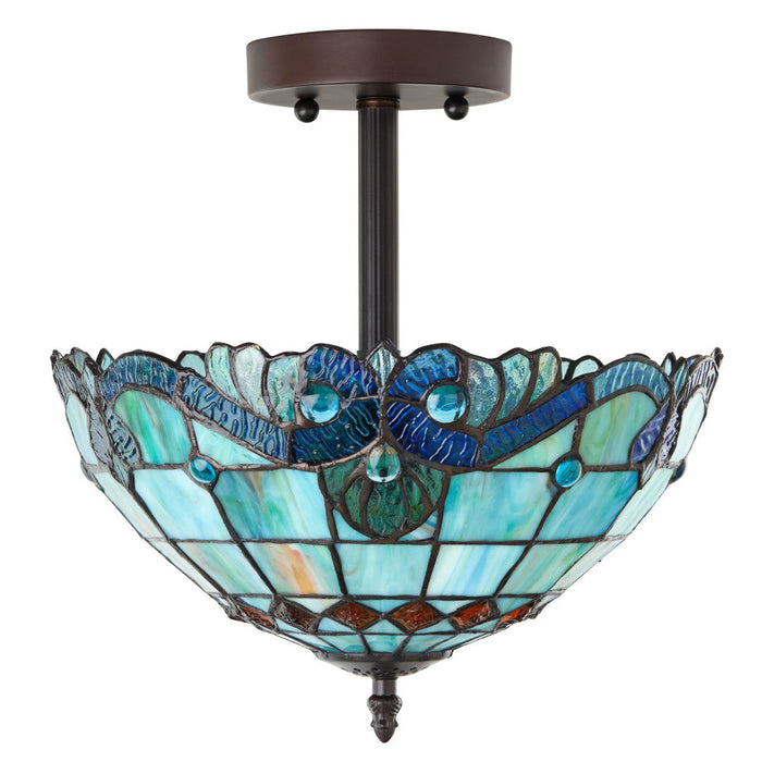 13" H Amelia Blue and Amber Stained Glass Shade Traditional Semi-Flushmount Ceiling Light-Off