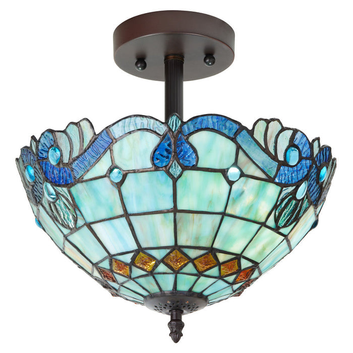 13" H Amelia Blue and Amber Stained Glass Shade Traditional Semi-Flushmount Ceiling Light-On