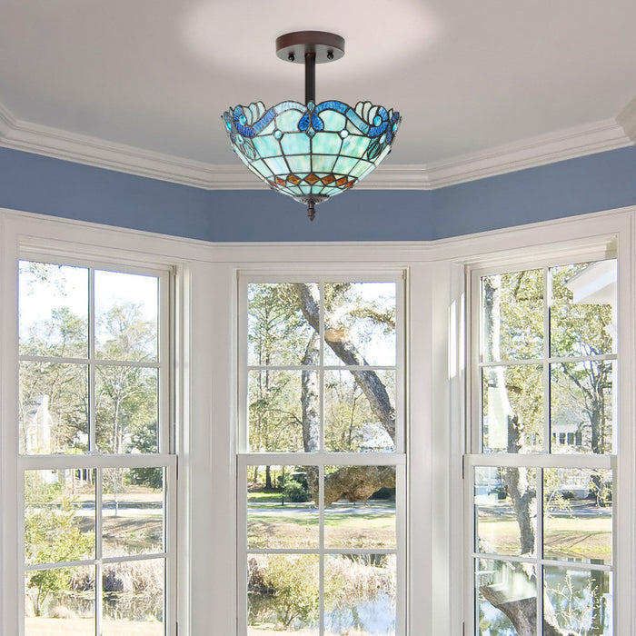 13" H Amelia Blue and Amber Stained Glass Shade Traditional Semi-Flushmount Ceiling Light