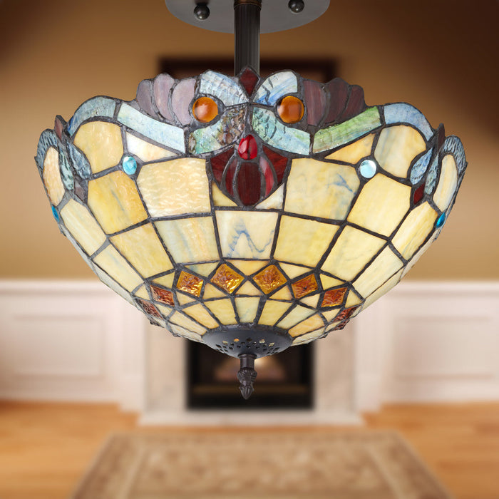 13" H Amelia Red and Amber Stained Glass Shade Traditional Ceiling Light in a blurred room setting