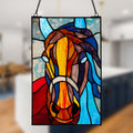 13" H Roz Horse Stained Glass Window Panel on a blurred background
