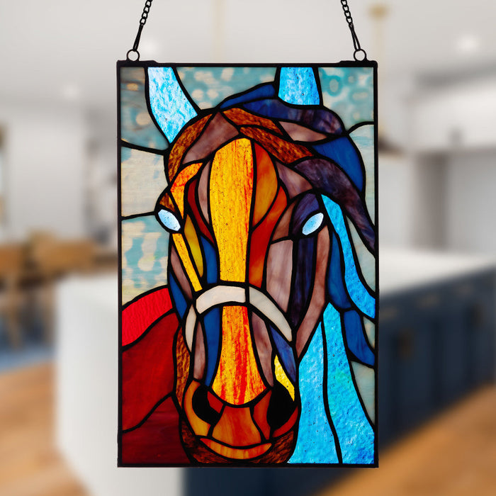 13" H Roz Horse Stained Glass Window Panel on a blurred background