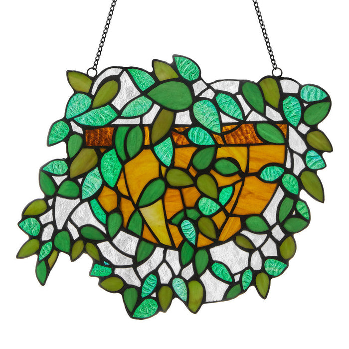 13" W Hanging Plant Tiffany-Style Stained Glass Window Panel-Backlit