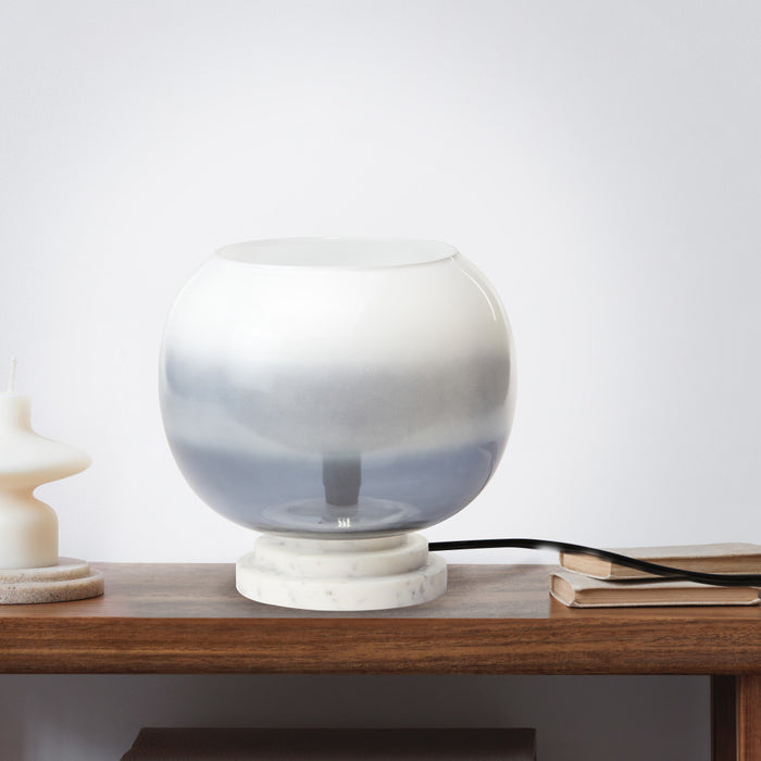 13' H Emily White and Blue Ombre Stacked Base Globe Shade Accent Lamp on a wooden surface