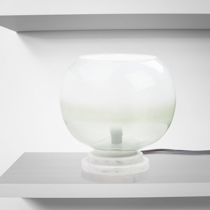 13' H Emily White and Green Ombre Stacked Base Globe Shade Accent Lamp on a white shelf.