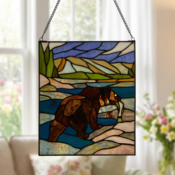 14" H Bear Stained Glass Window Panel hanging with a blurring livingroom in the background