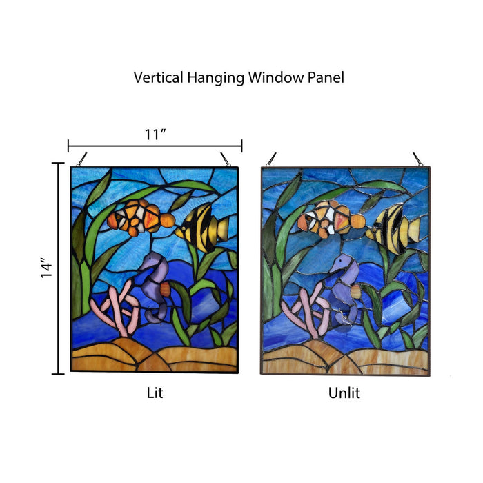 14" H Underwater Ocean Scene Stained Glass Window Panel