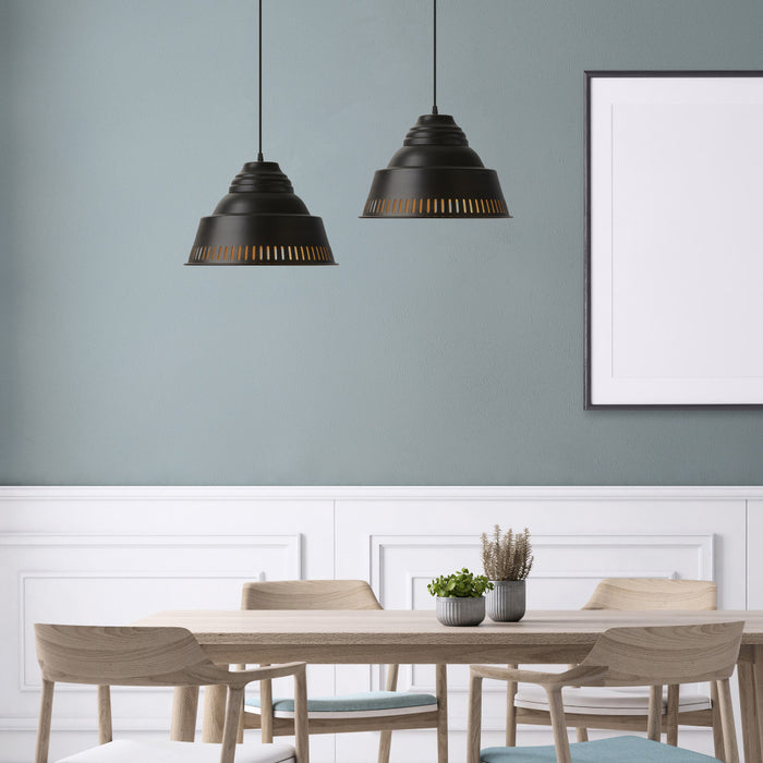 14" W 1-Light Aden Metal Pendant in a dining room with wooden table, chairs and a gray wall.