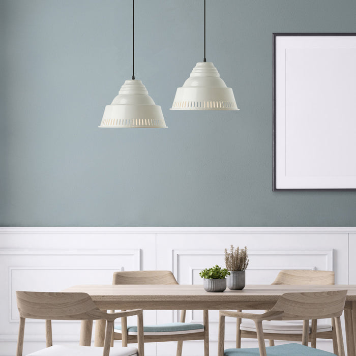 14" W 1-Light Aden Metal Pendant in a modern dining room with wooden table, chairs against a gray wall.