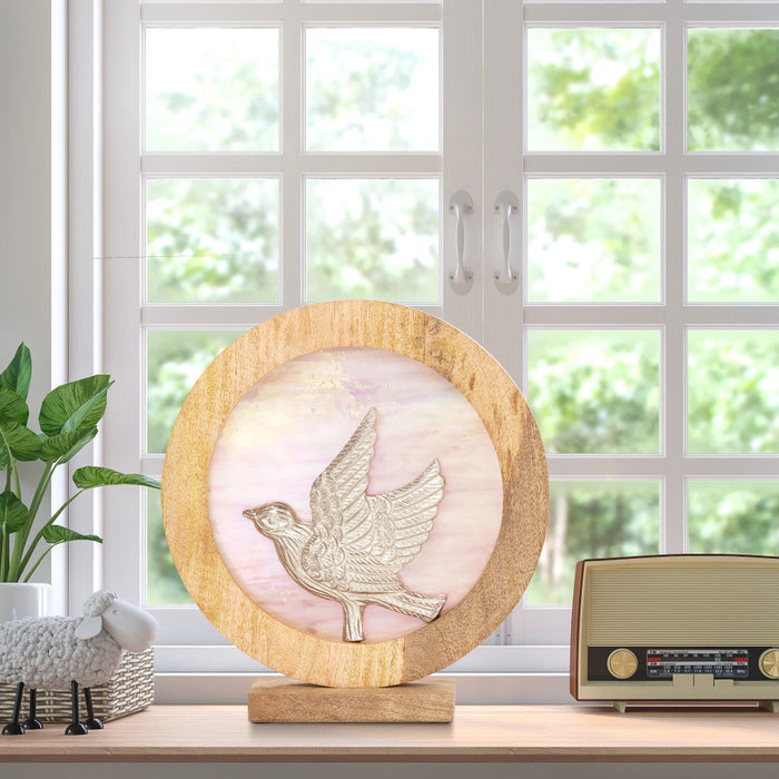 14" W Bird Theme Round Decorative Stained Glass & Metal Stand with Wood Frame in front of a window
