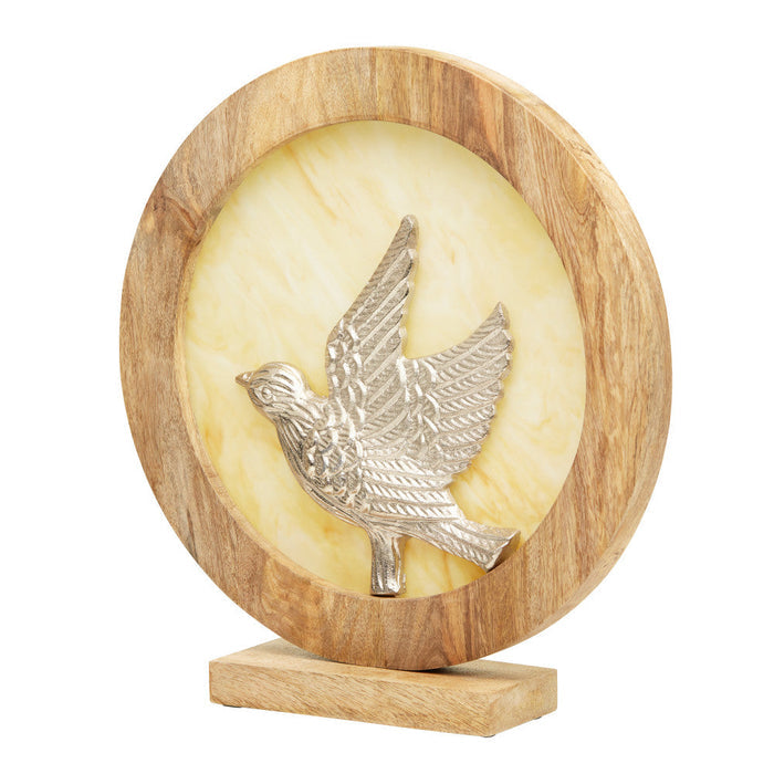 14" W Bird Theme Round Decorative Stained Glass & Metal Stand with Wood Frame.