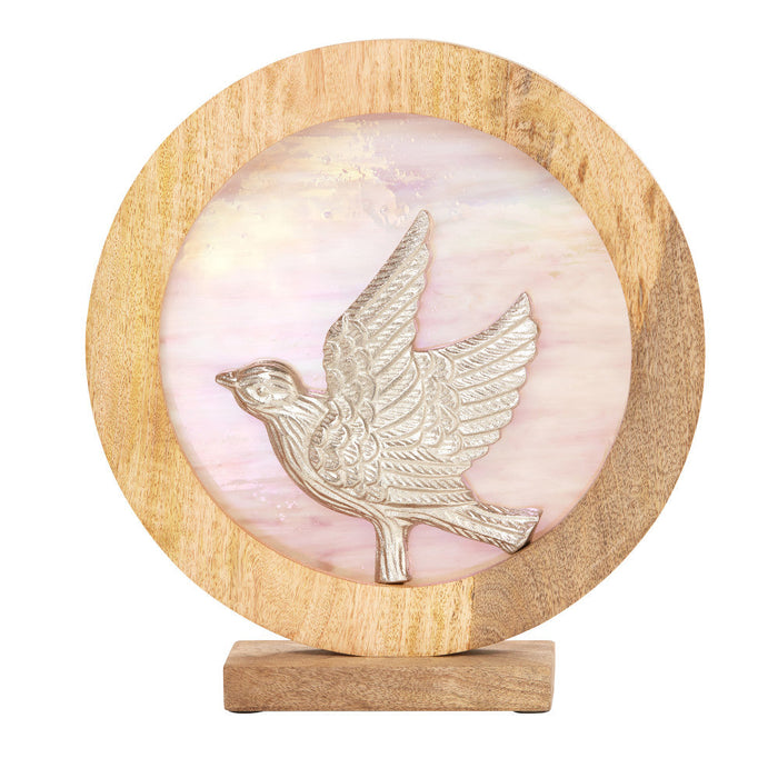 14" W Bird Theme Round Decorative Stained Glass & Metal Stand with Wood Frame