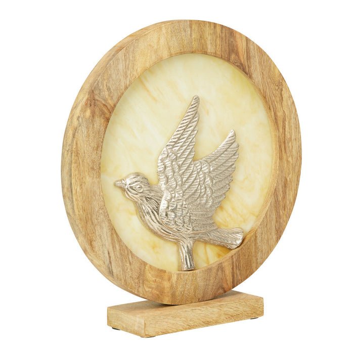 14" W Bird Theme Round Decorative Stained Glass & Metal Stand with Wood Frame.