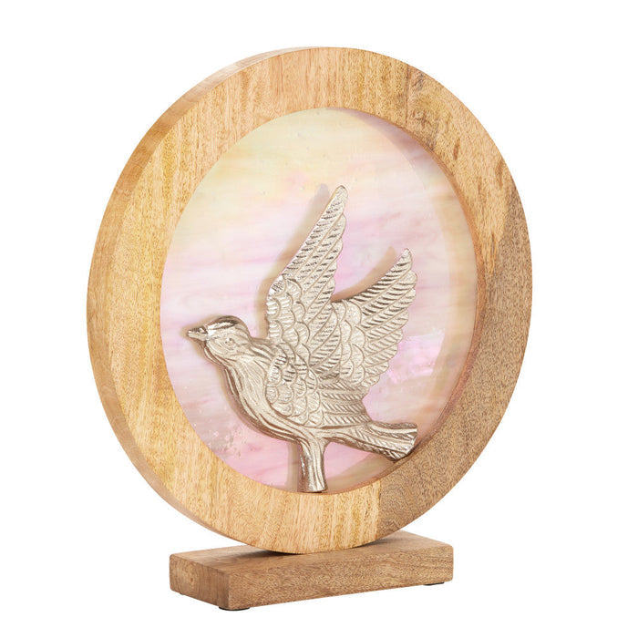 14" W Bird Theme Round Decorative Stained Glass & Metal Stand with Wood Frame