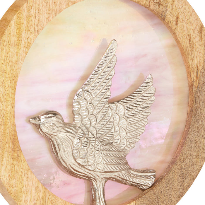 14" W Bird Theme Round Decorative Stained Glass & Metal Stand with Wood Frame