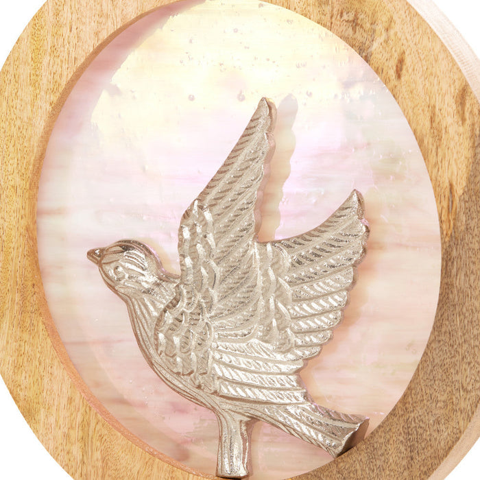 14" W Bird Theme Round Decorative Stained Glass & Metal Stand with Wood Frame
