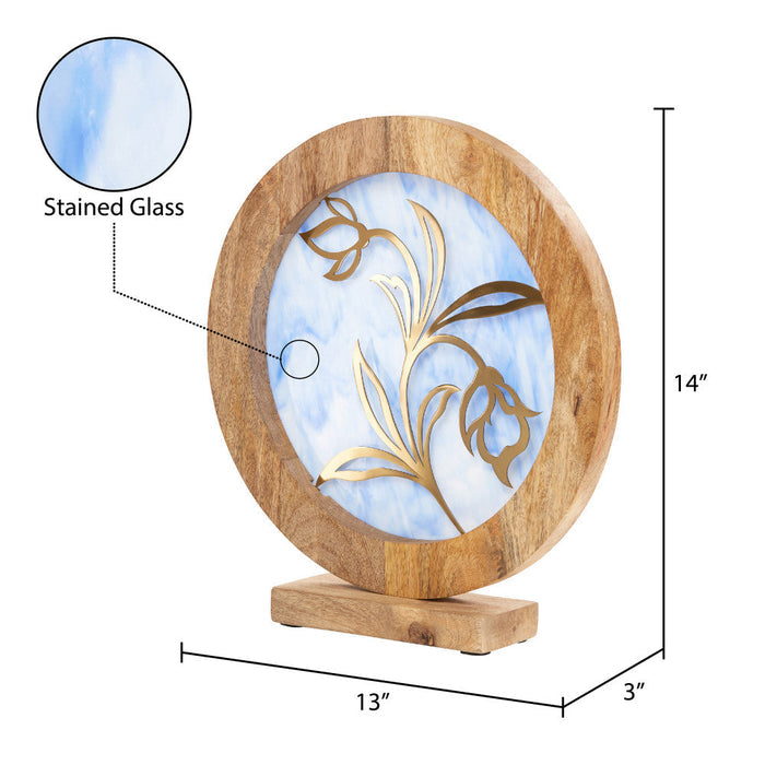 14" W Floral Theme Round Decorative Stained Glass & Metal Stand with Wood Frame