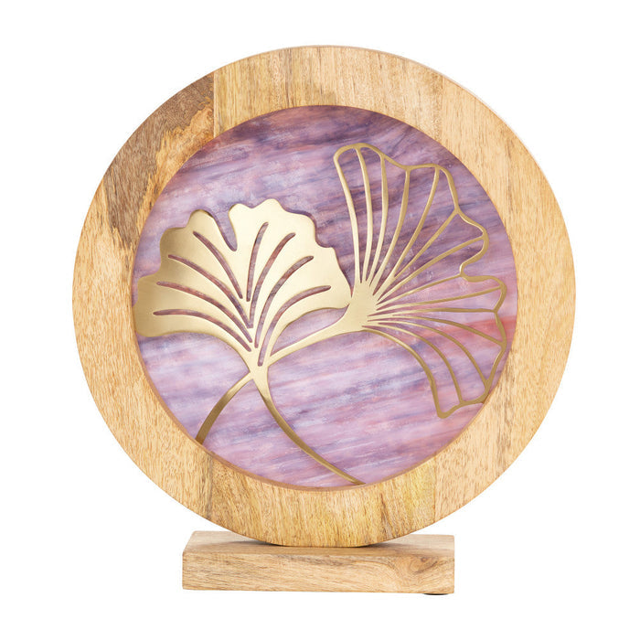 14" W Ginkgo Leaf Theme Round Decorative Stained Glass & Metal Stand with Wood Frame