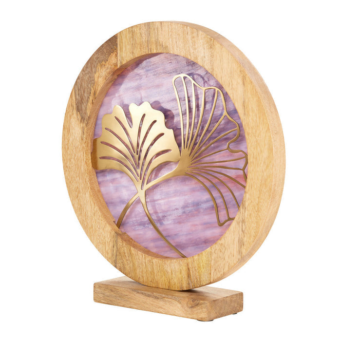 14" W Ginkgo Leaf Theme Round Decorative Stained Glass & Metal Stand with Wood Frame