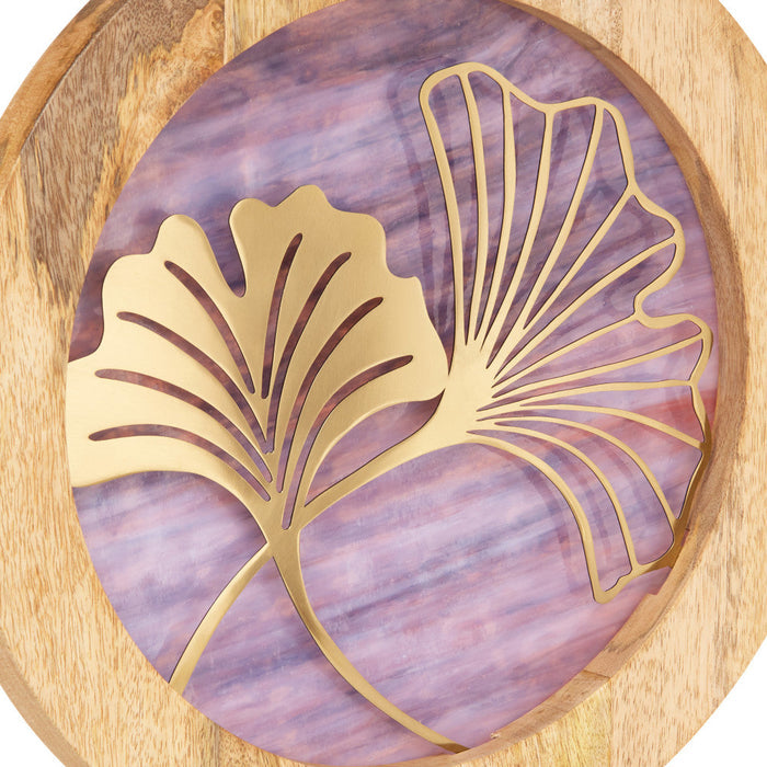 14" W Ginkgo Leaf Theme Round Decorative Stained Glass & Metal Stand with Wood Frame