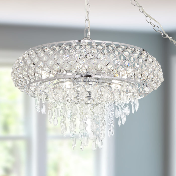 14.25"H Clear and Chrome Tiered Crystal Glass Plug-in and Hardwire Hanging Chandelier hanging in a room with a blurred background
