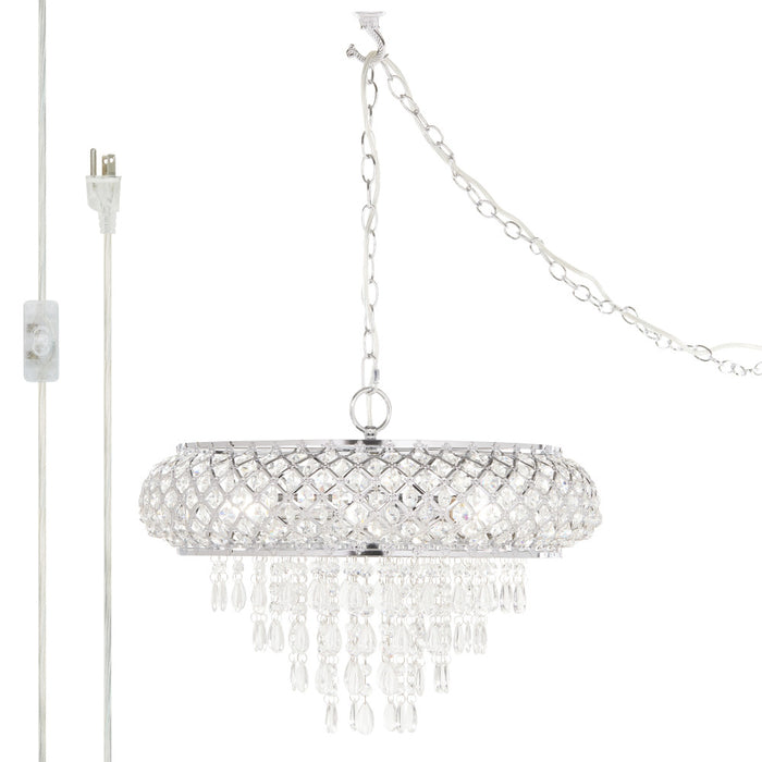 14.25"H Clear and Chrome Tiered Crystal Glass Plug-in and Hardwire Hanging Chandelier-On