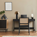 14.5" H Dieter Brass Dome Shade Cylinder Table Lamp Modern office setup with black chair and desk against a beige wall.