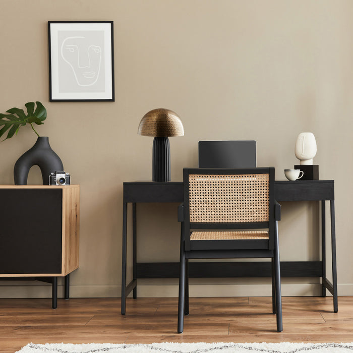 14.5" H Dieter Brass Dome Shade Cylinder Table Lamp Modern office setup with black chair and desk against a beige wall.