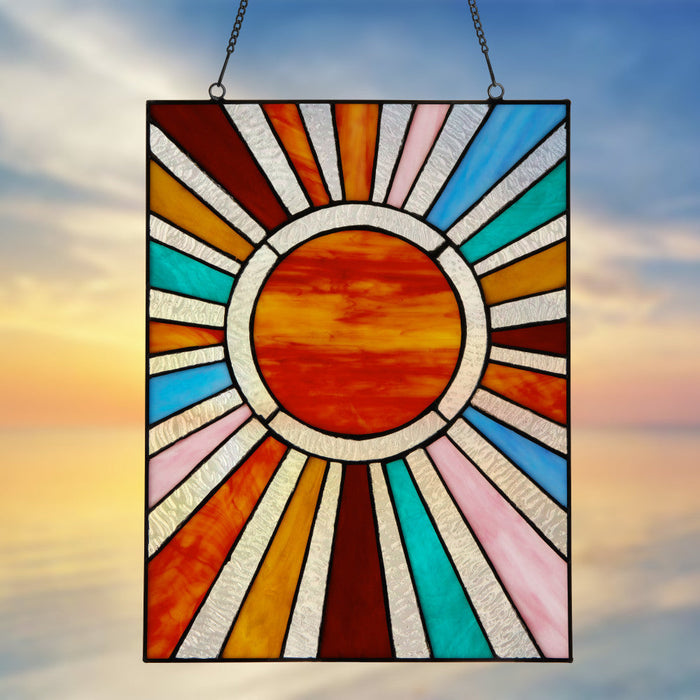 14.5"H Lila Multicolor Sunburst Stained Glass Window Panel against a sky background
