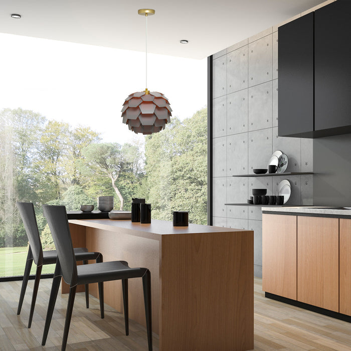 14.5"W Kendall Round Glam Pendant Light with Gold Canopy in a modern kitchen with wooden island, black chairs, and large windows overlooking greenery.