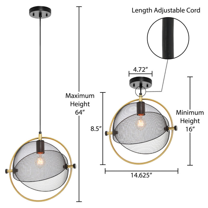 14.625"L Industrial Metal Pendant Light with Gold Accent
