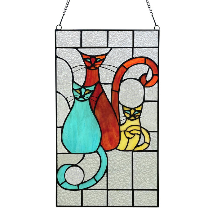 14-Inch Coy Cats Trio Stained Glass Window Panel-Backlit