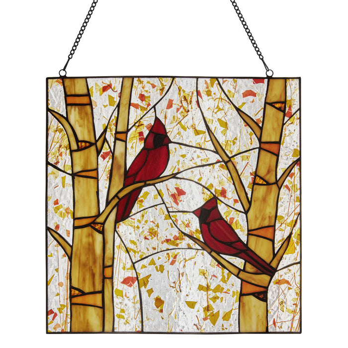 14"H Eden Red Cardinals in Autumn Stained Glass Window Panel-Backlit