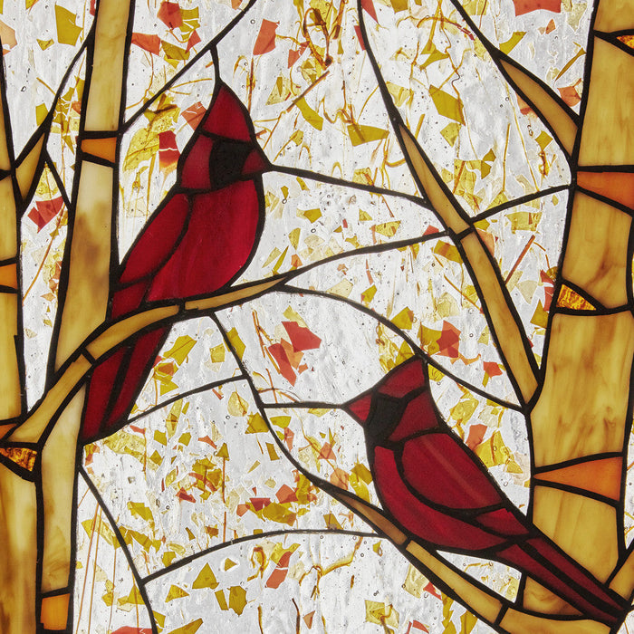 14"H Eden Red Cardinals in Autumn Stained Glass Window Panel-Closeup