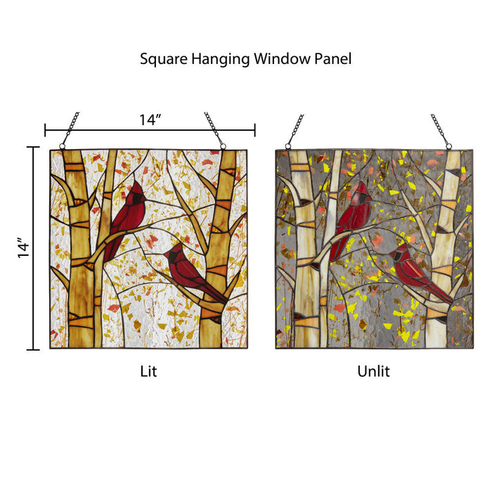 14"H Eden Red Cardinals in Autumn Stained Glass Window Panel-Comparison between backlit and frontlit