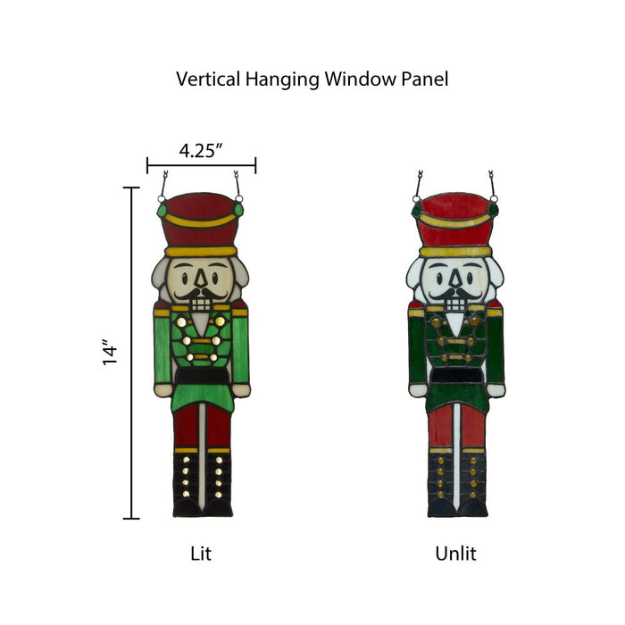 Vertical hanging window panel with lit and unlit nutcracker design, showing dimensions.